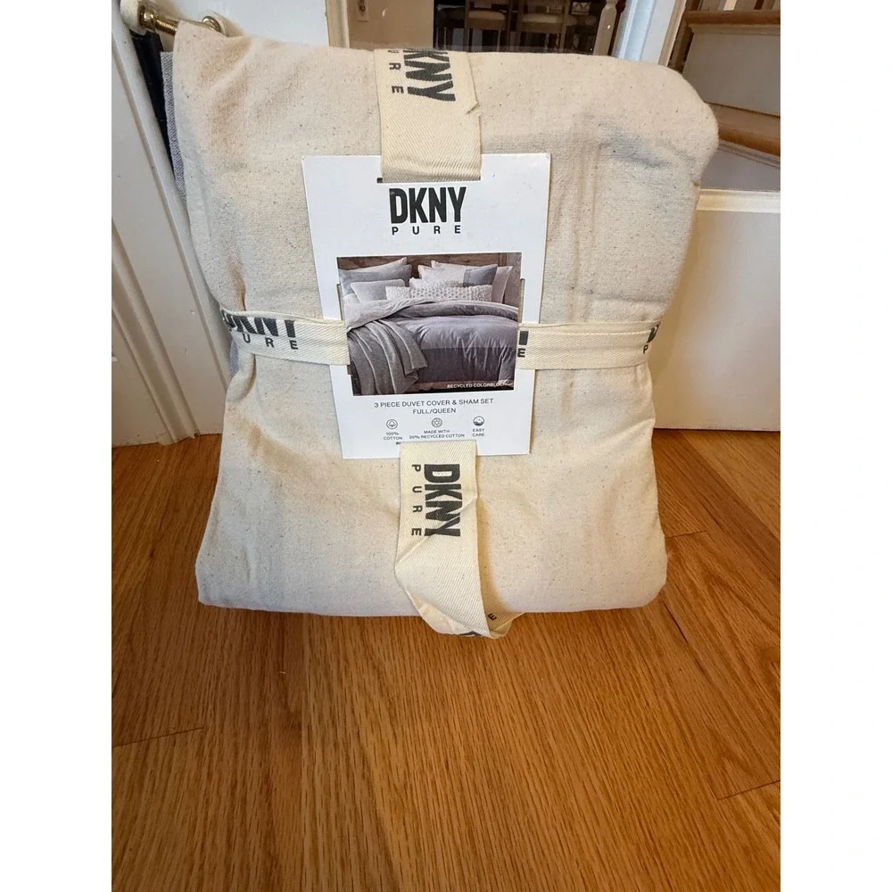 DKNY Pure Recycled Colorblock 3 Piece Duvet Cover Sham Set Full Queen Blue Cream